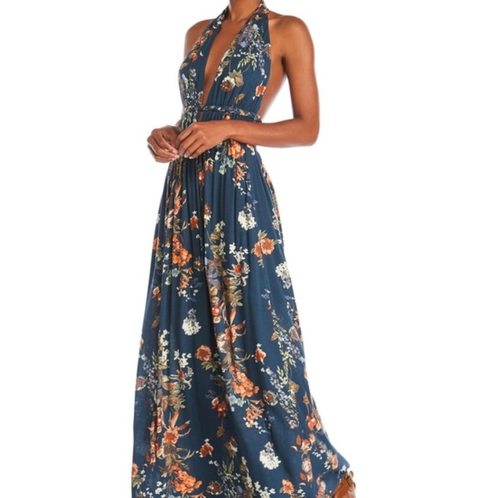 Blue Floral Braided Halter Deep V Maxi Dress